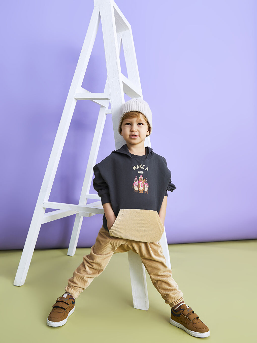 سويتشيرت بكابوش وكم طويل وبنطلون أولاد رضع - طقم 2 قطع-1