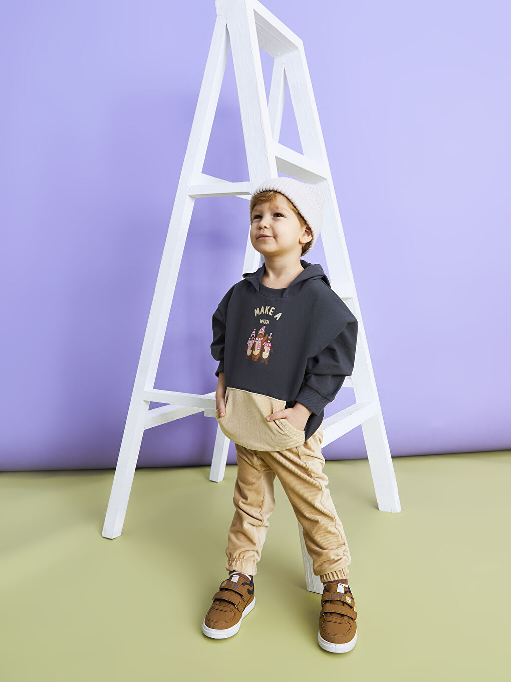 سويتشيرت بكابوش وكم طويل وبنطلون أولاد رضع - طقم 2 قطع