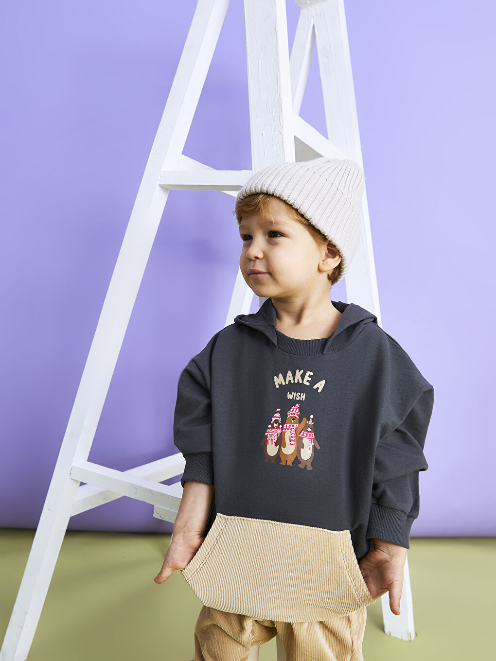 سويتشيرت بكابوش وكم طويل وبنطلون أولاد رضع - طقم 2 قطع-2