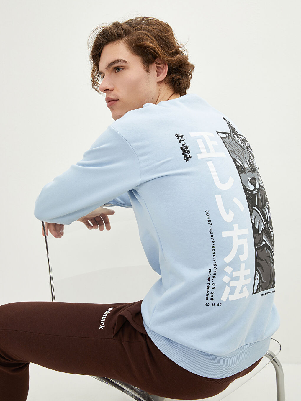 Mavi Bisiklet Yaka Baskılı Erkek Kalın Sweatshirt