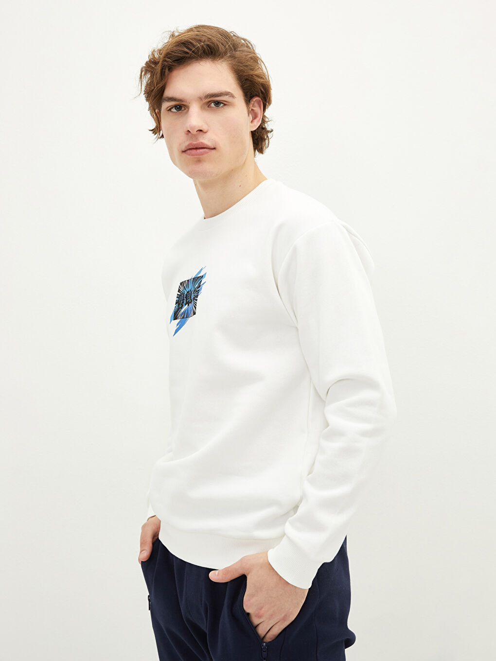 Bisiklet Yaka Baskılı Erkek Kalın Sweatshirt-1