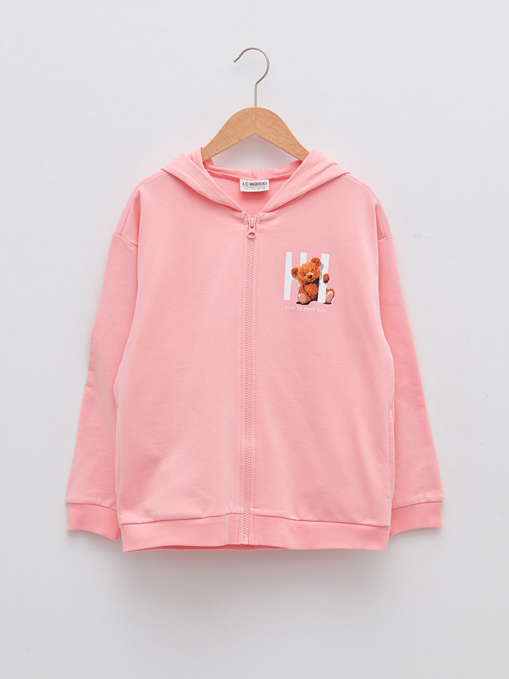 Pembe Kapüşonlu Baskılı Uzun Kollu Kız Çocuk Fermuarlı Sweatshirt