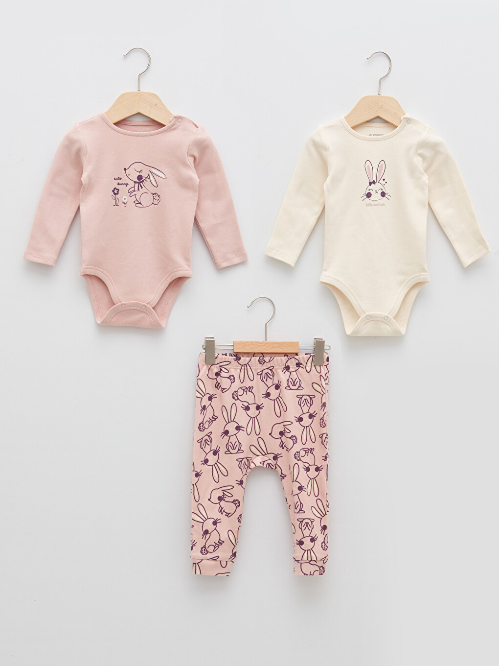 Crew Neck Long Sleeved Printed Cotton Baby Girl Snap fastener Body and Trousers 3-Piece Set