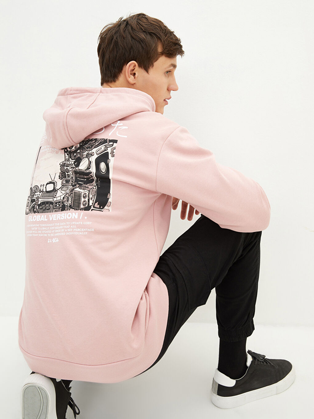 Pembe Uzun Kollu Baskılı Erkek Kalın Hoodie