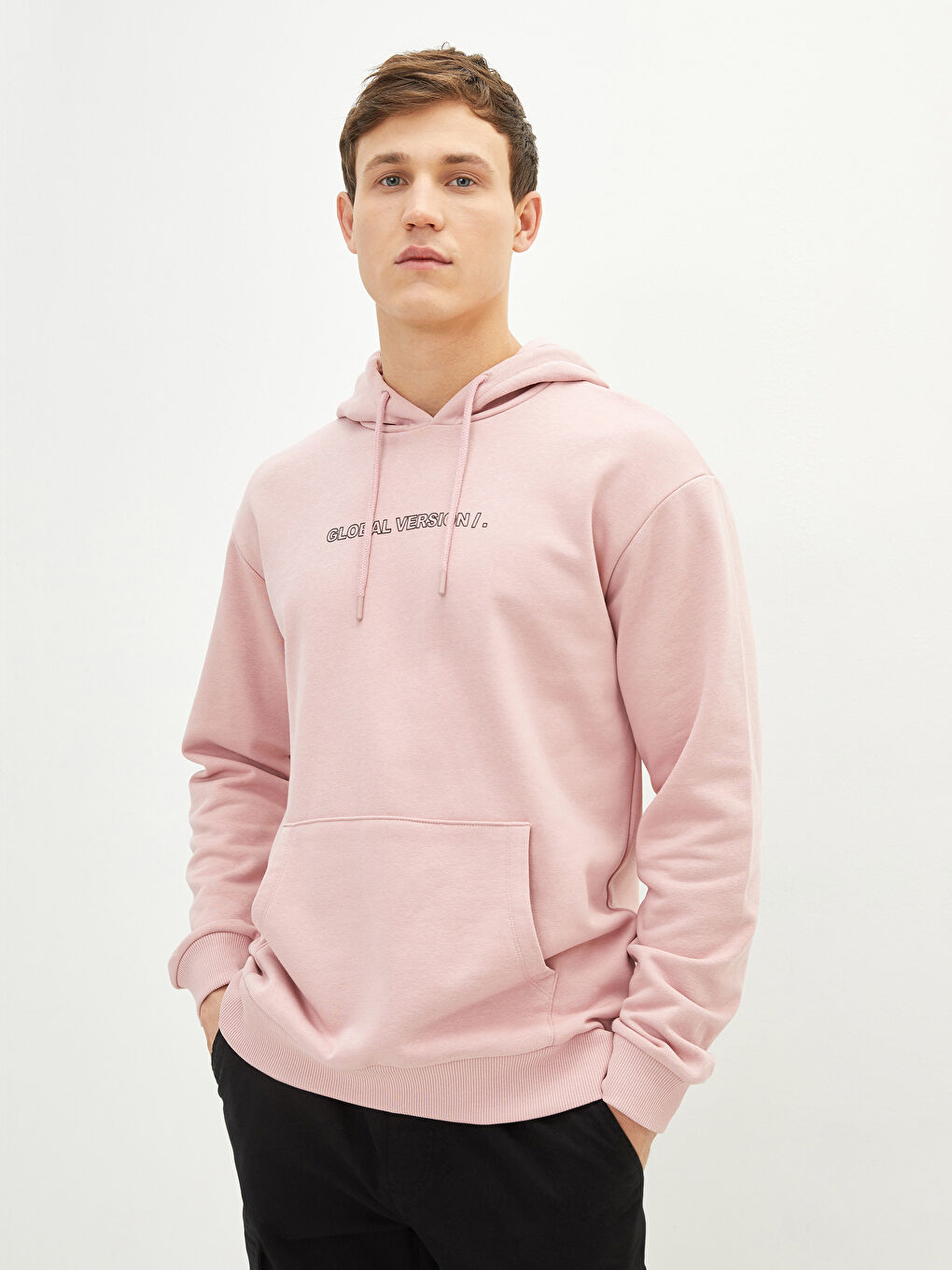 Pembe Uzun Kollu Baskılı Erkek Kalın Hoodie-1