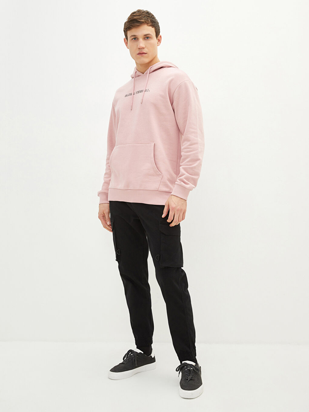 Pembe Uzun Kollu Baskılı Erkek Kalın Hoodie-2