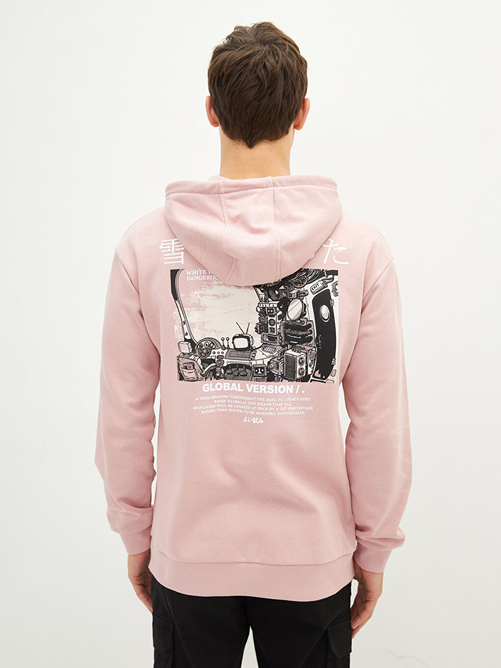 Pembe Uzun Kollu Baskılı Erkek Kalın Hoodie-4