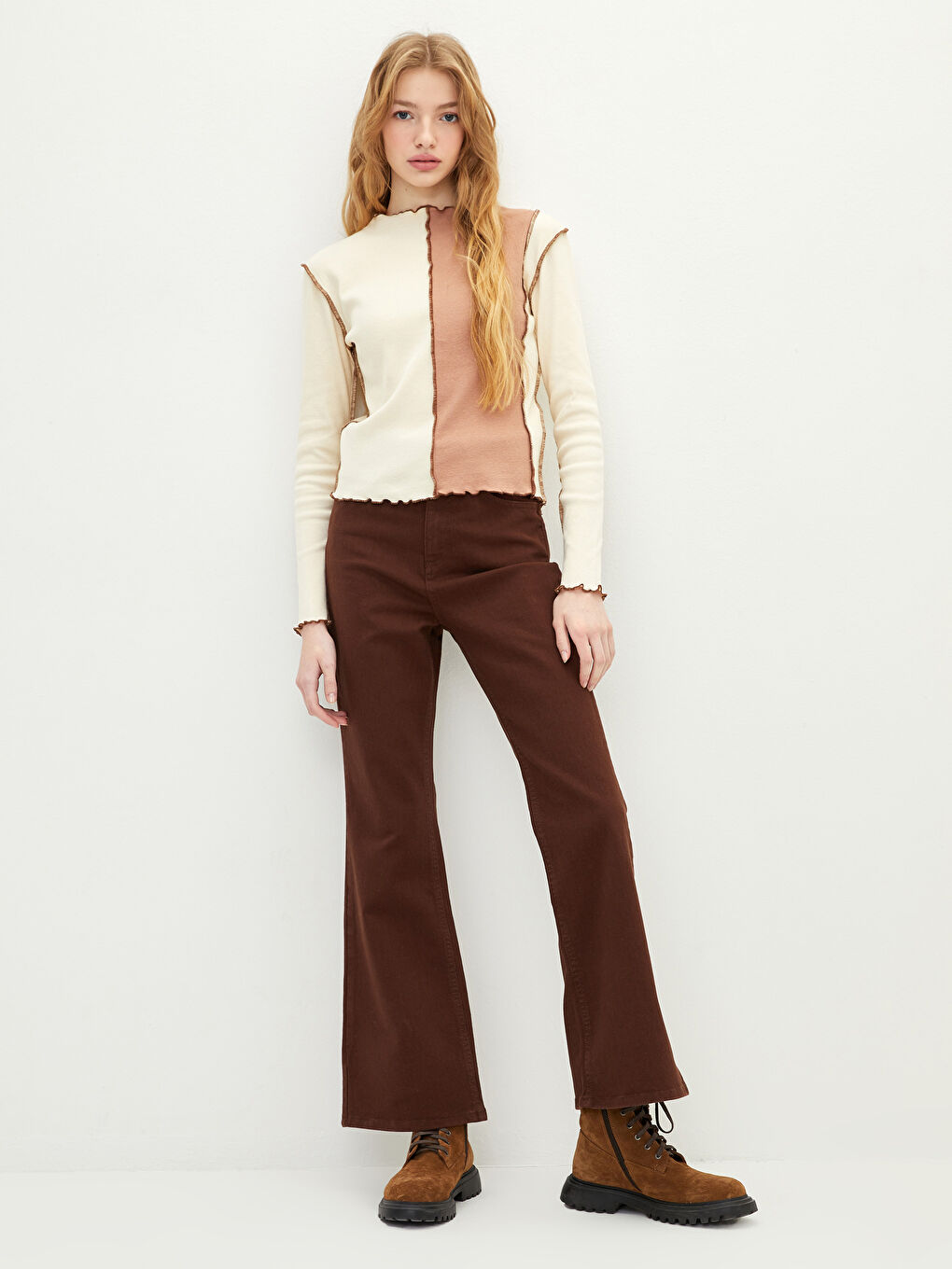 Kahverengi Yüksek Bel Mars Flare Kadın Jean Pantolon