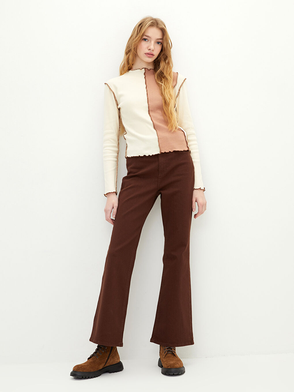 Kahverengi Yüksek Bel Mars Flare Kadın Jean Pantolon-1