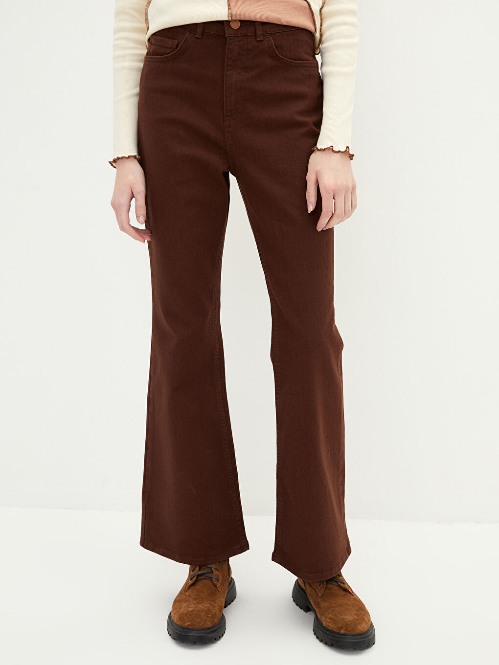 Kahverengi Yüksek Bel Mars Flare Kadın Jean Pantolon-3