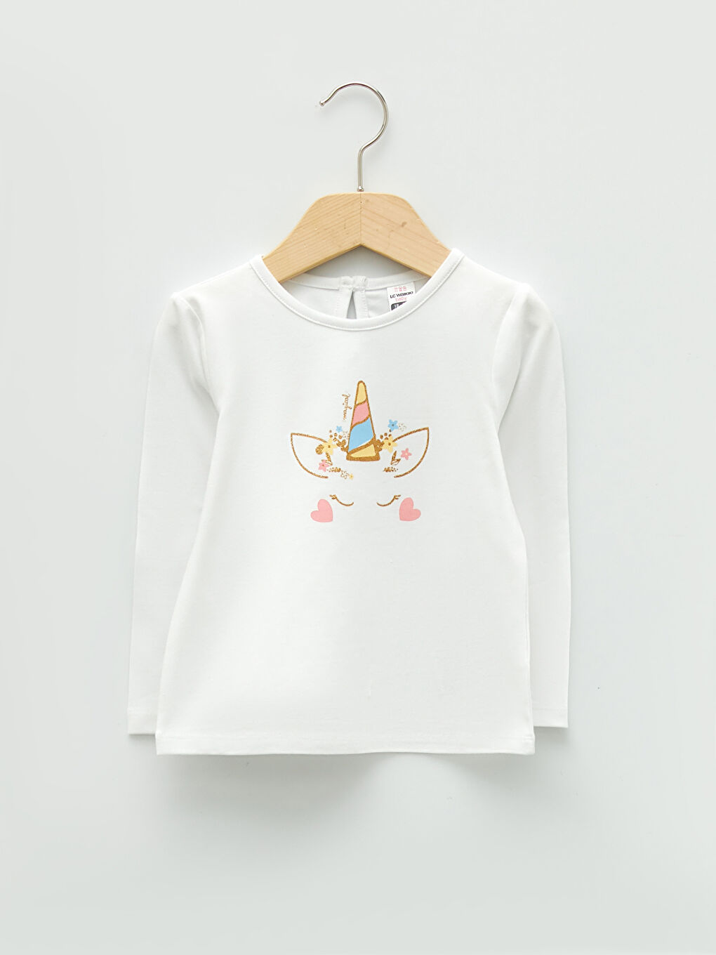 Ekru Bisiklet Yaka Uzun Kol Baskılı Pamuklu Kız Bebek Tişört