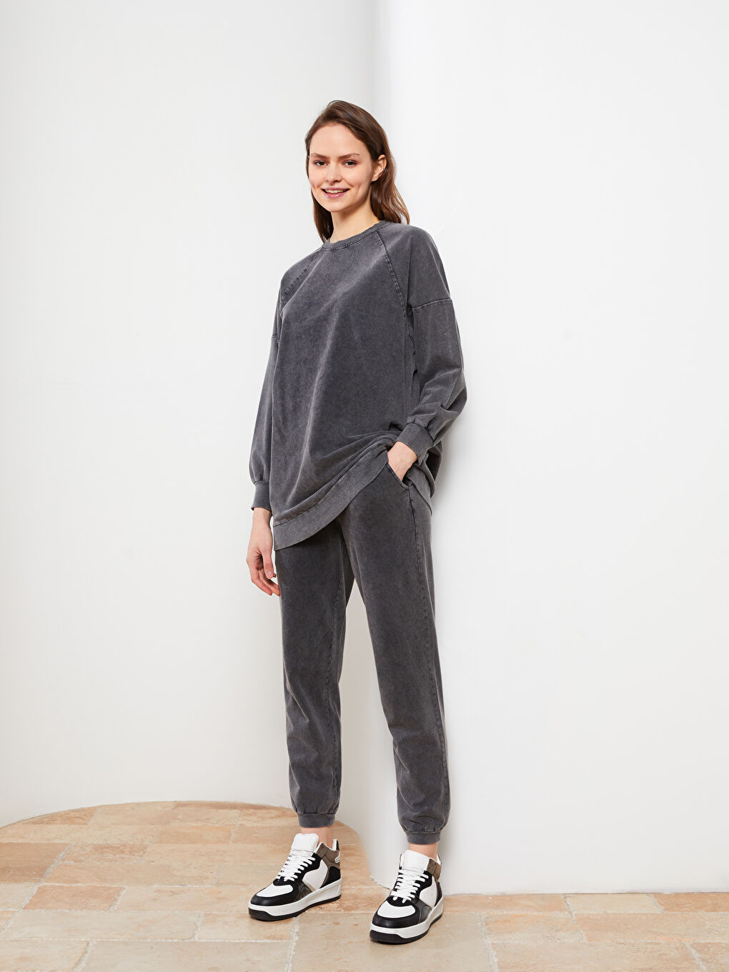 Antrasit Beli Lastikli Düz Pamuklu Kadın Jogger Eşofman Altı