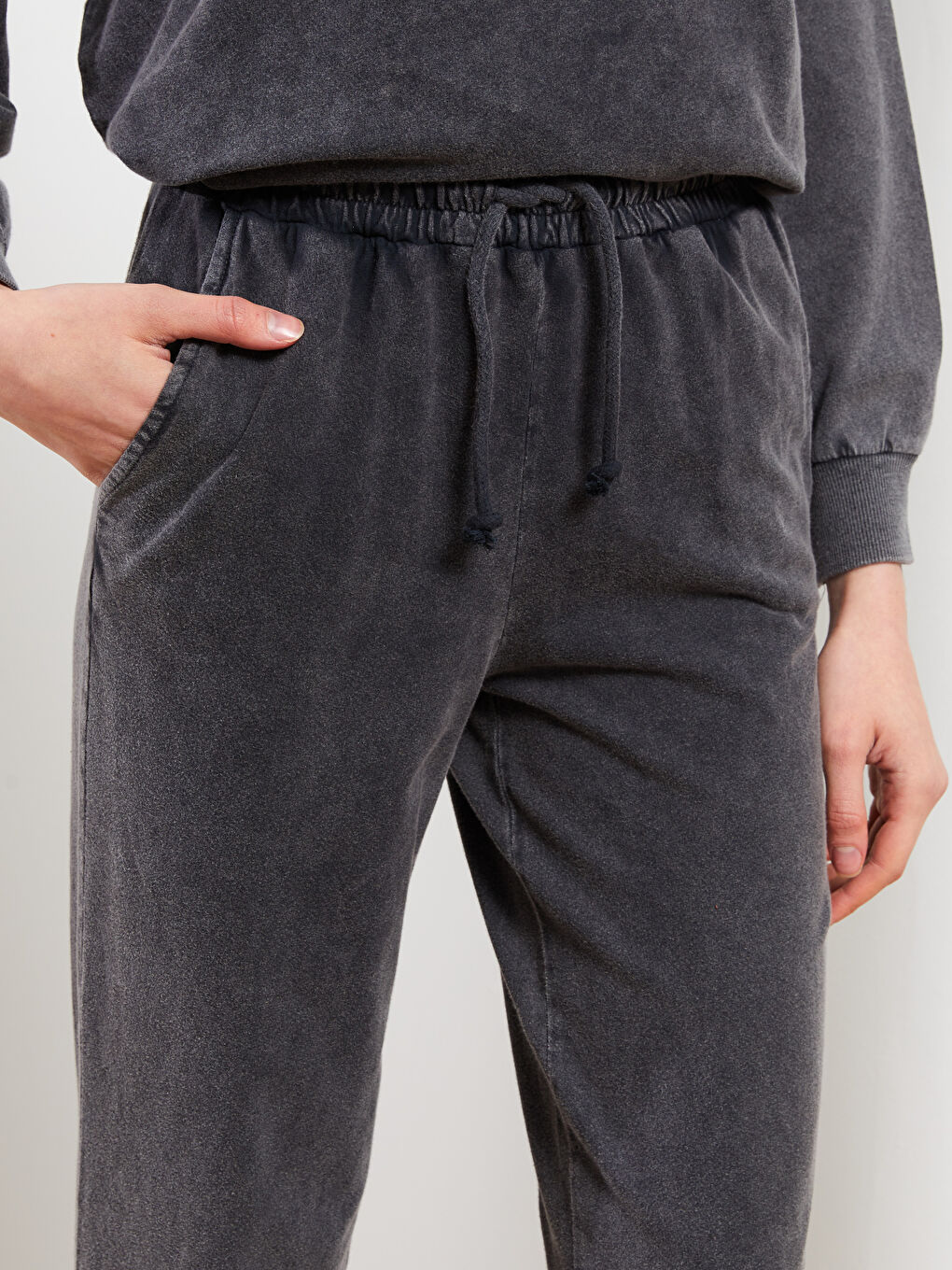 Antrasit Beli Lastikli Düz Pamuklu Kadın Jogger Eşofman Altı-2