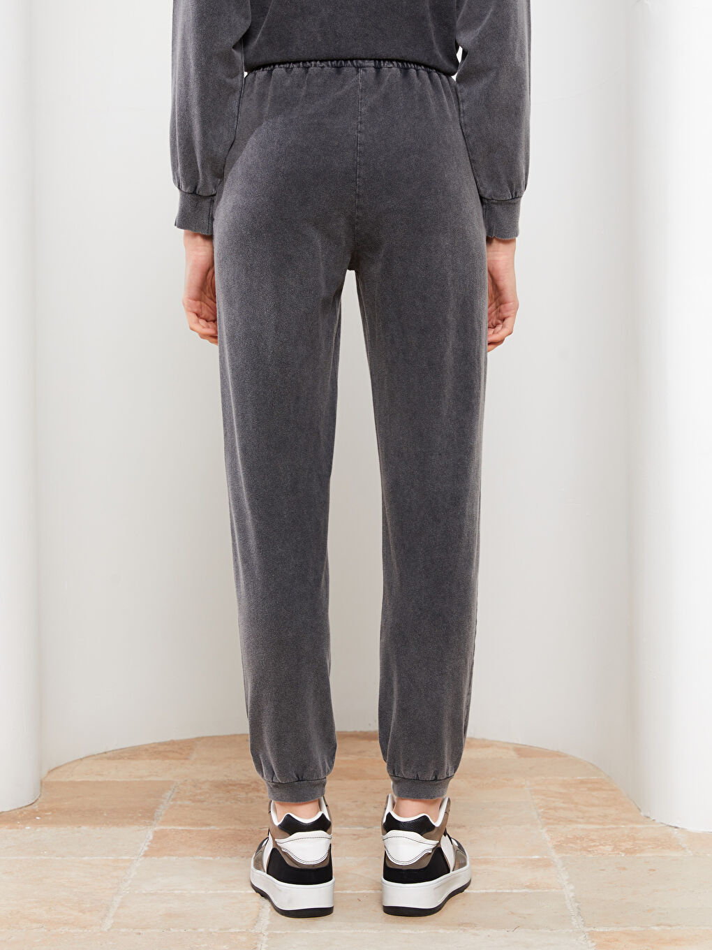 Antrasit Beli Lastikli Düz Pamuklu Kadın Jogger Eşofman Altı-4