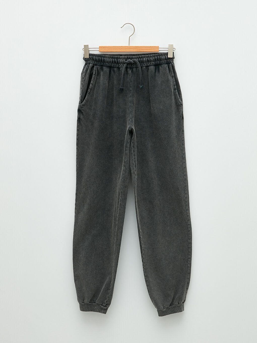 Antrasit Beli Lastikli Düz Pamuklu Kadın Jogger Eşofman Altı-5