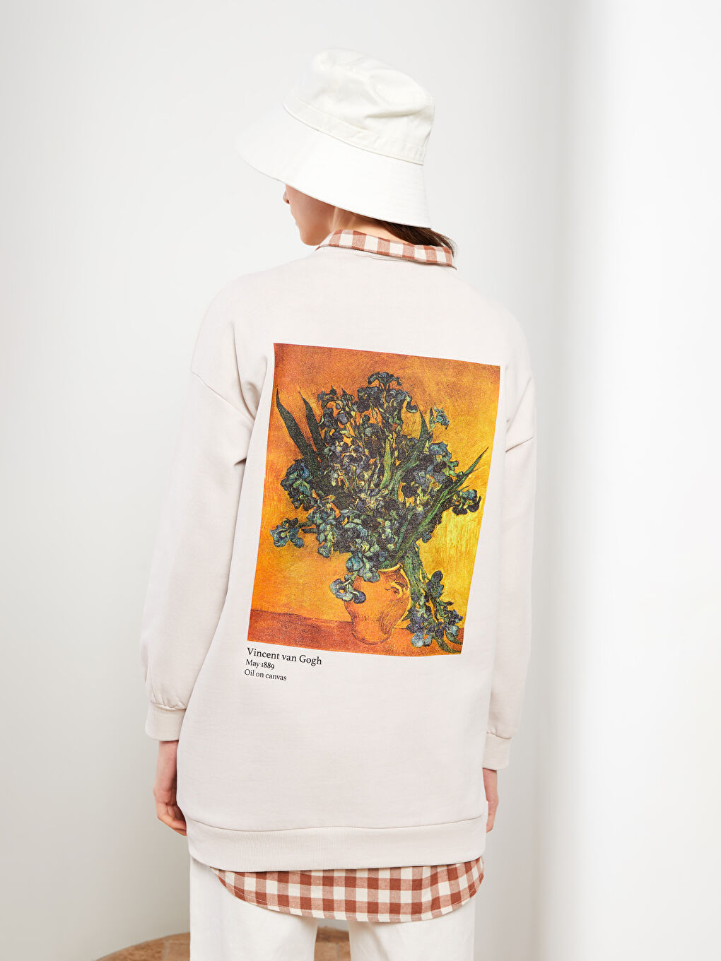 LCW Modest Koyu Bej Bisiklet Yaka Vincent van Gogh Baskılı Uzun Kollu Oversize Kadın Sweatshirt Tunik - 5