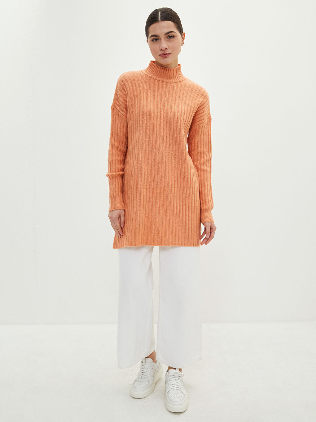 Half Turtleneck Plain Long Sleeve Women's Knitwear Tunic-1