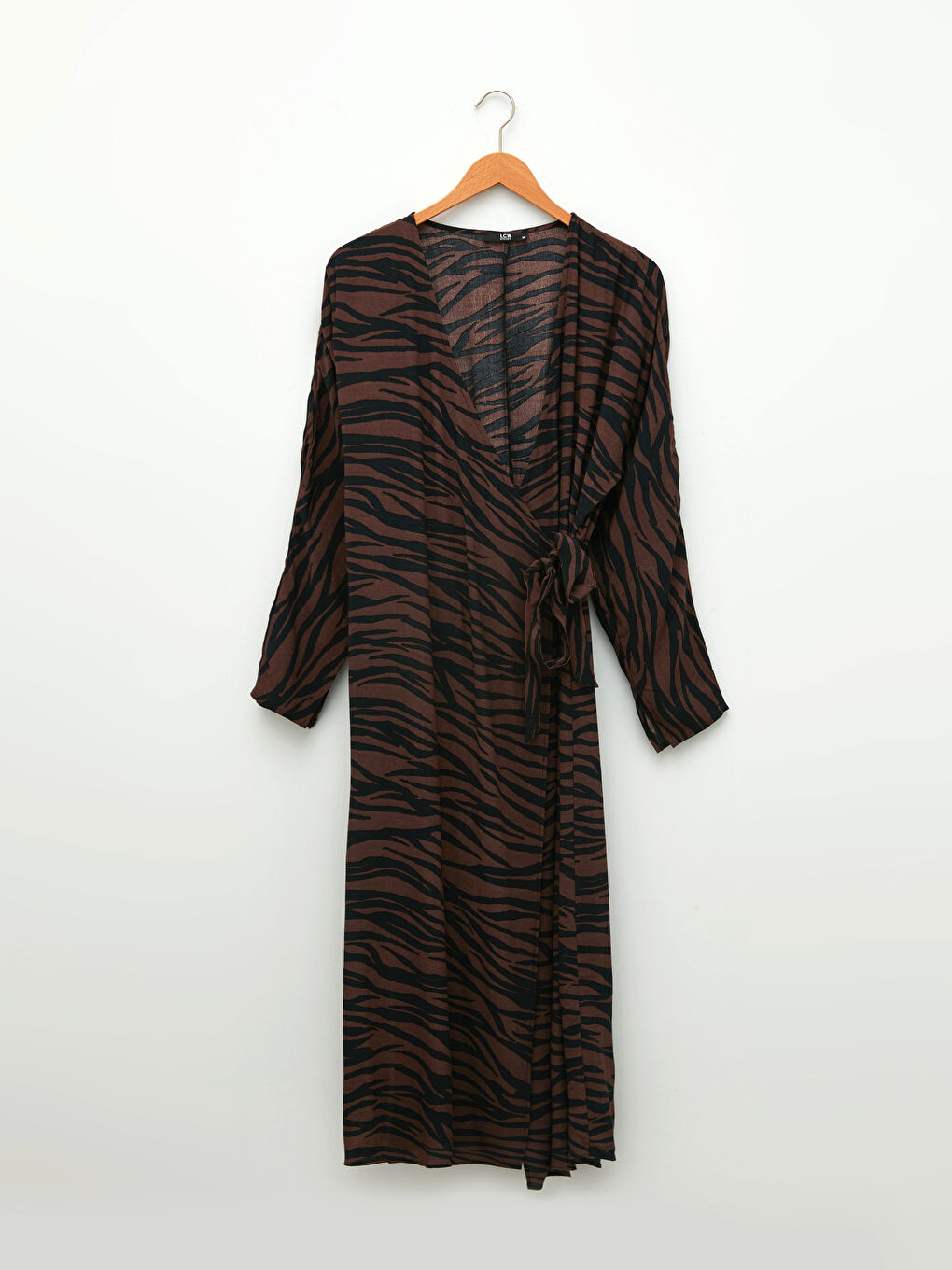 Kahverengi Kruvaze Yaka Desenli Uzun Kollu Viskon Kadın Elbise-9