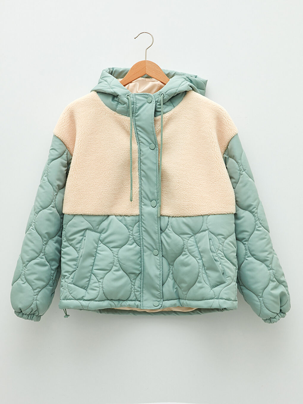 Ekru Kapüşonlu Renk Bloklu Uzun Kollu Kadın Mont-7