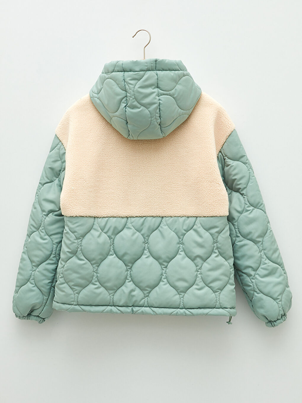 Ekru Kapüşonlu Renk Bloklu Uzun Kollu Kadın Mont-8