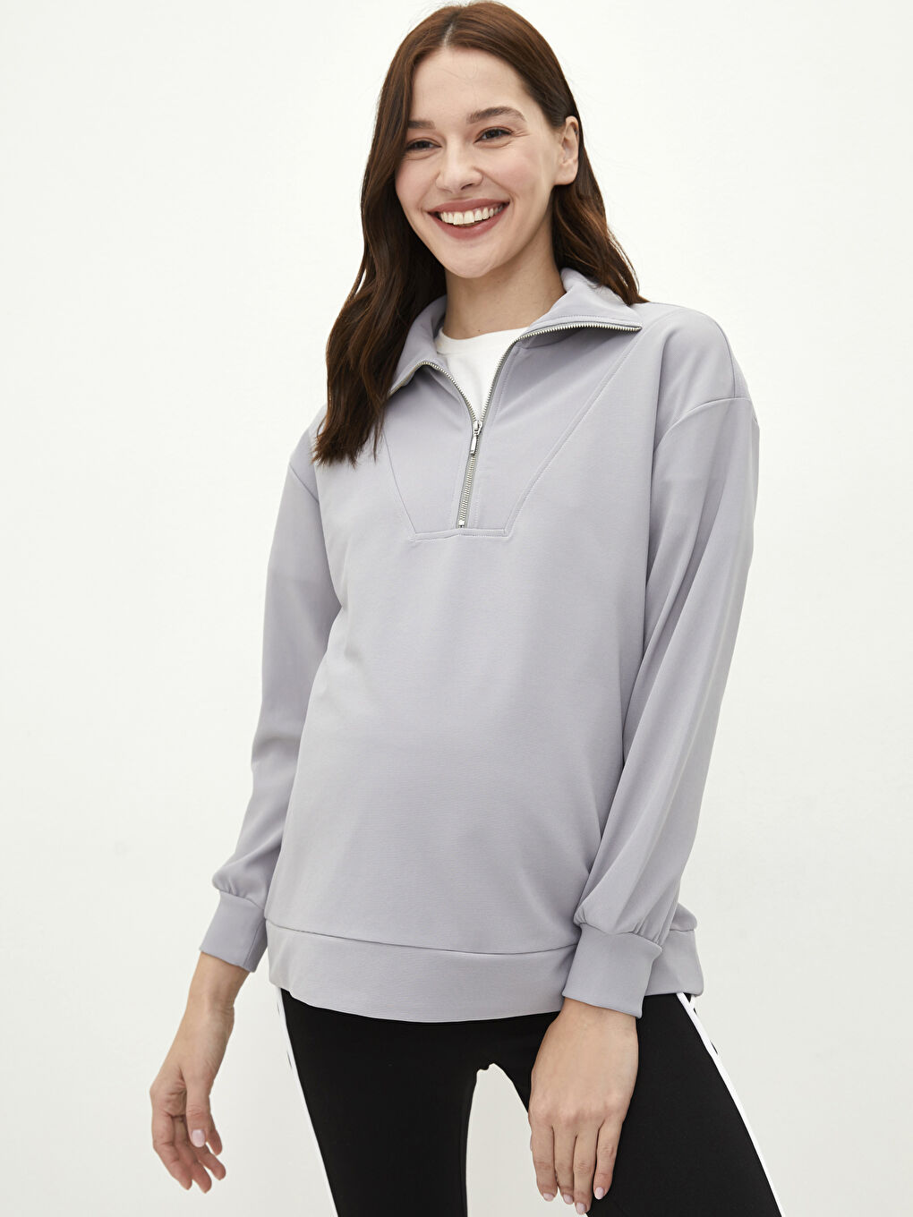 LCWAIKIKI Maternity Gri Dik Yaka Düz Uzun Kollu Hamile Sweatshirt - 1