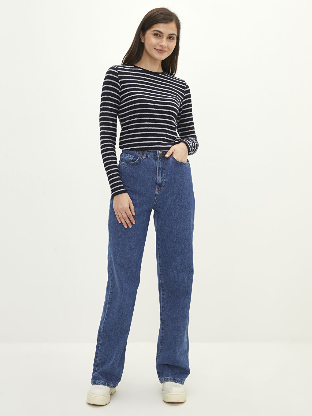 Lacivert Bisiklet Yaka Çizgili Uzun Kollu Kadın Tişört-2