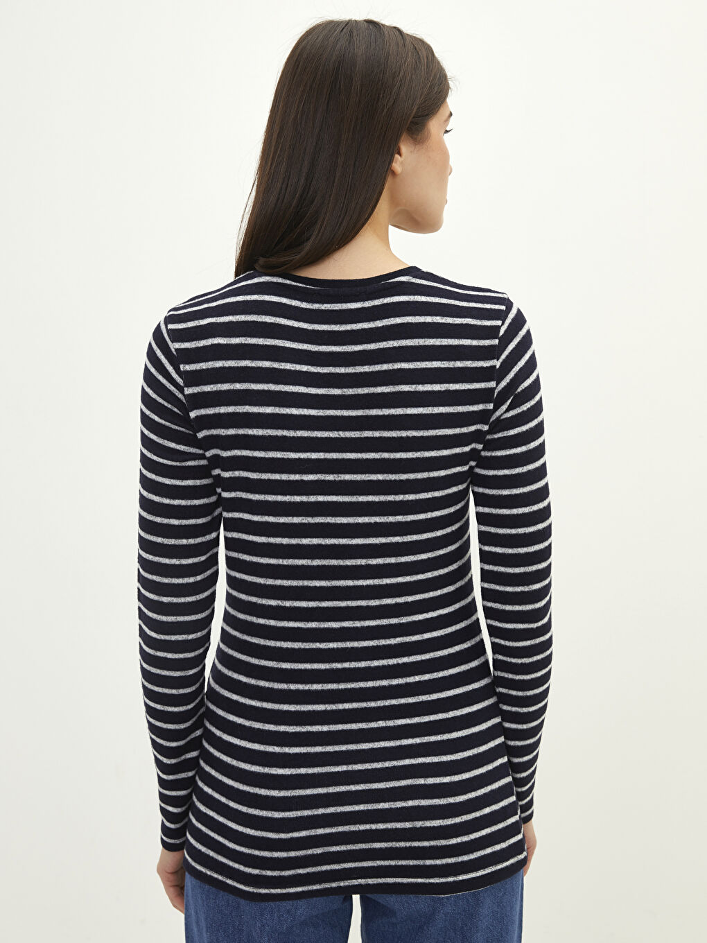 Lacivert Bisiklet Yaka Çizgili Uzun Kollu Kadın Tişört-4