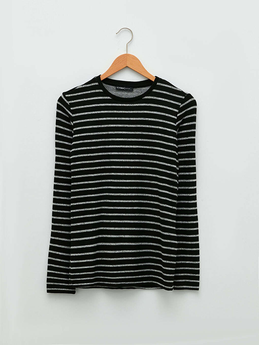 Lacivert Bisiklet Yaka Çizgili Uzun Kollu Kadın Tişört-5