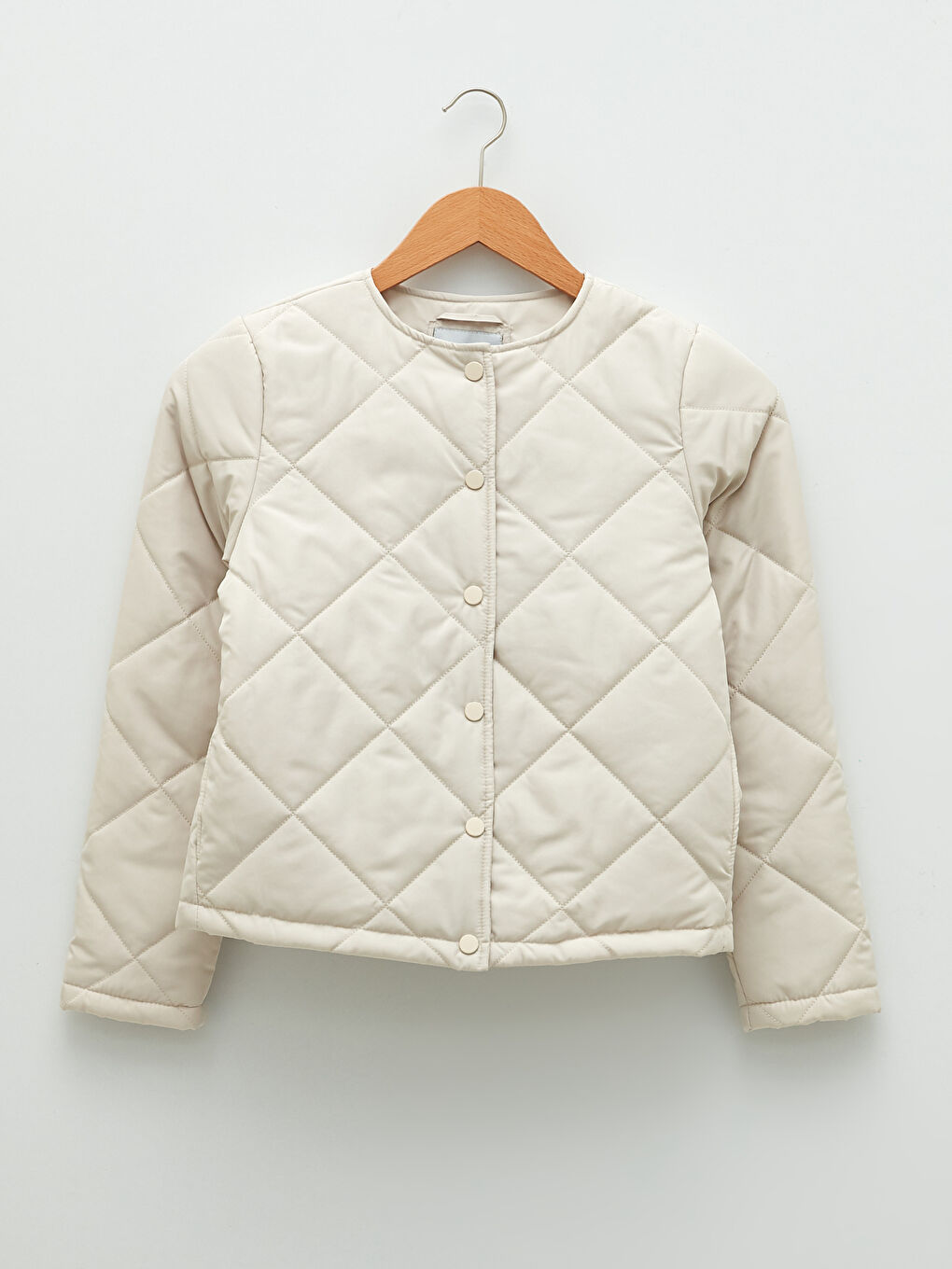 Bej Bisiklet Yaka Kapitone Desenli Uzun Kollu İnce Kadın Şişme Mont-5