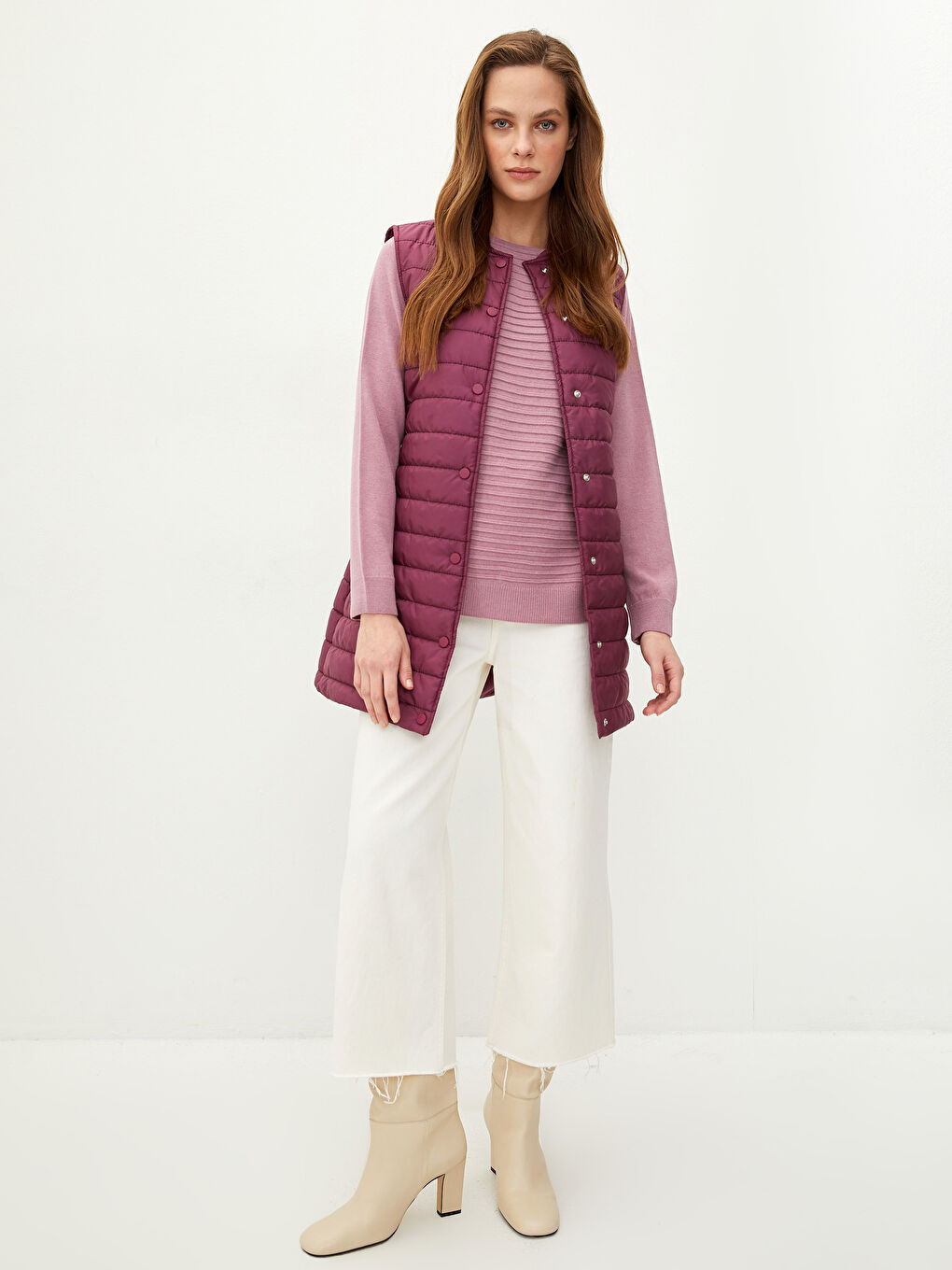 Bordo Kadın Dik Yaka Düz Şişme Yelek-3