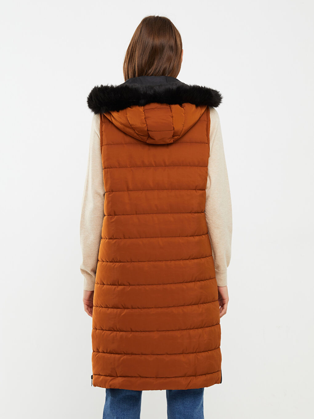 Kahverengi Kadın Kapüşonlu Düz Şişme Yelek-4