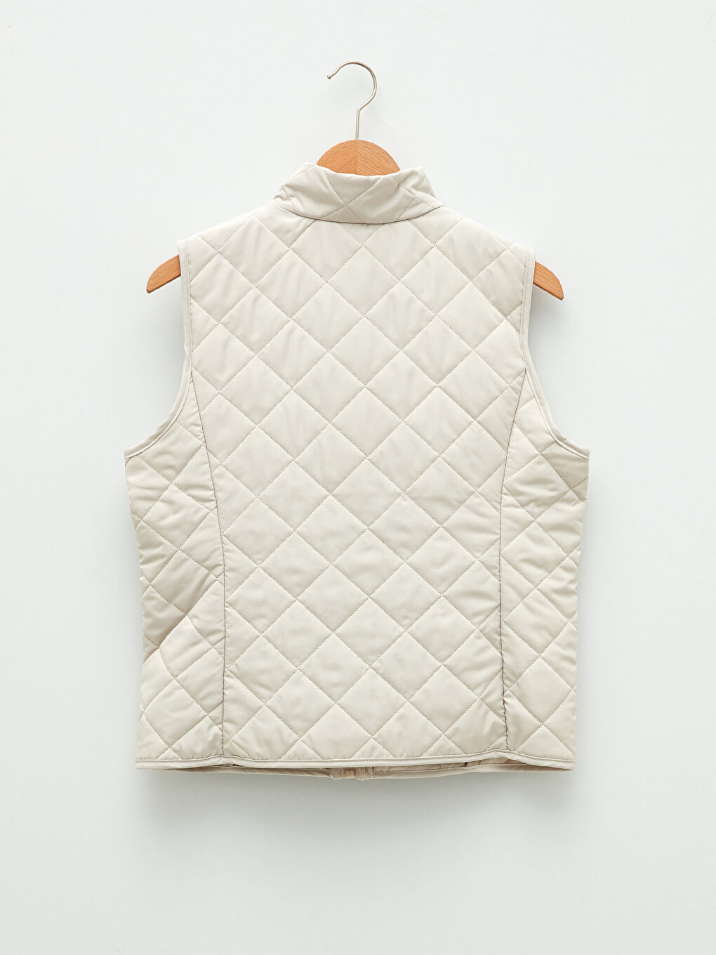 Bej Dik Yaka Kapitone Desenli Kadın Şişme Yelek-7