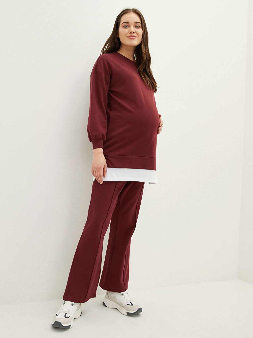 Bordo Beli Lastikli Düz Cep Detaylı Hamile Eşofman Altı