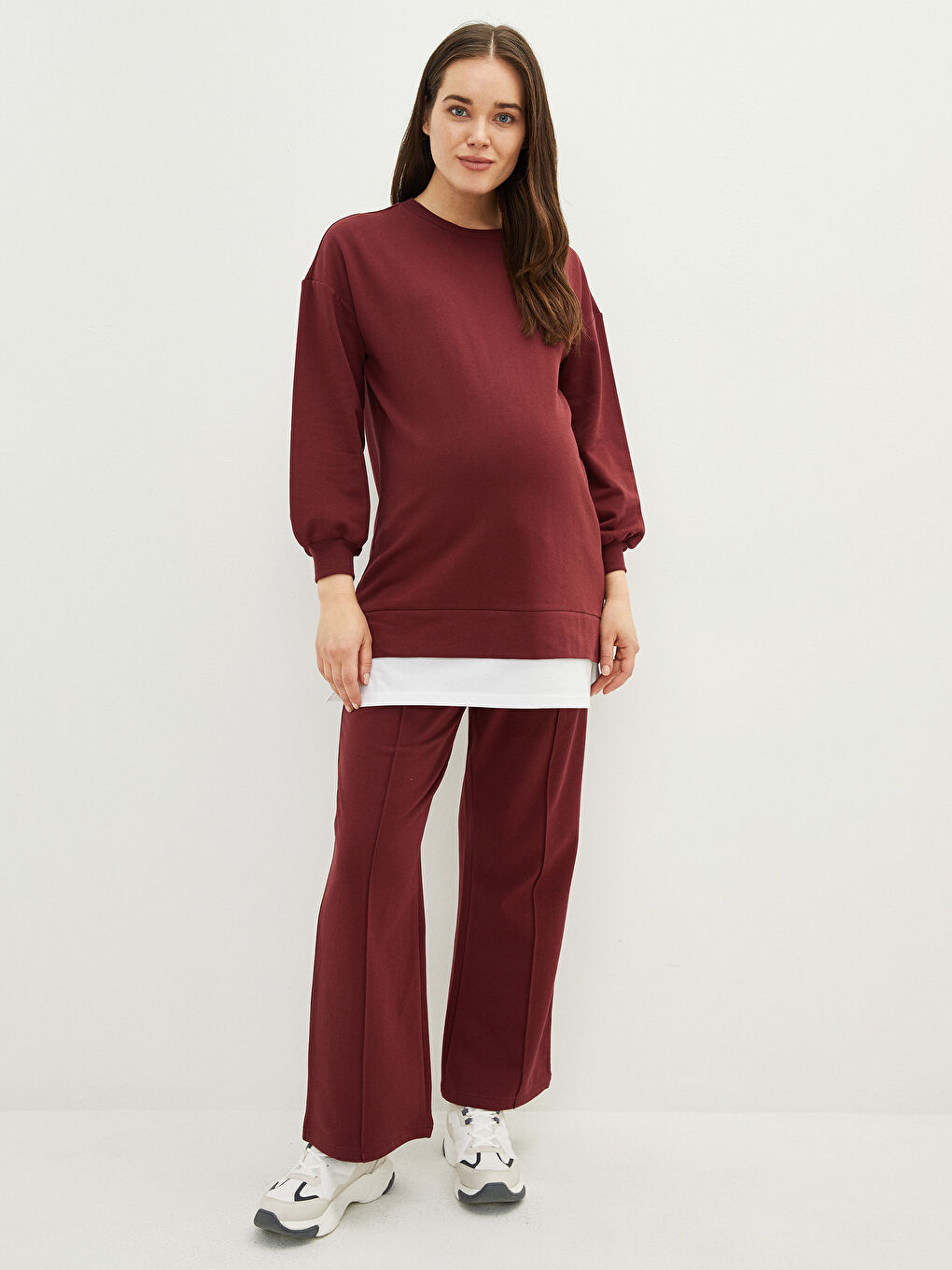 Bordo Beli Lastikli Düz Cep Detaylı Hamile Eşofman Altı-1