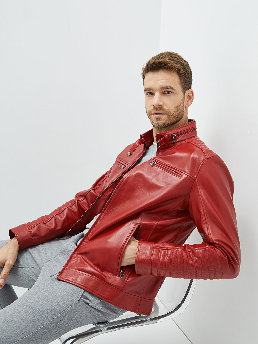Kırmızı Standart Kalıp Biker Yaka Erkek Deri Mont