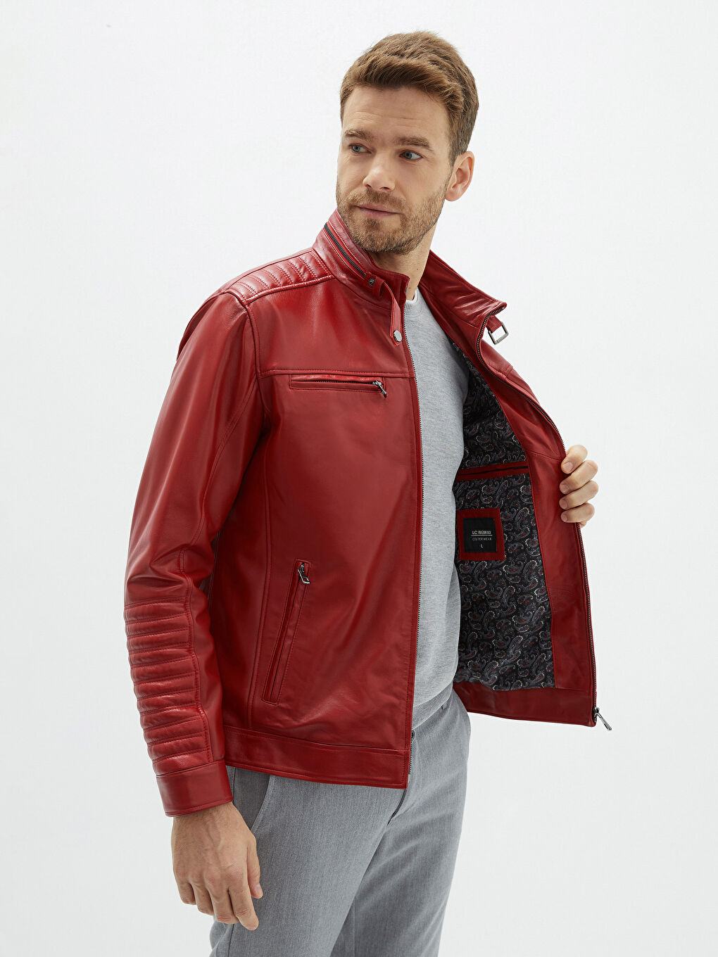 Kırmızı Standart Kalıp Biker Yaka Erkek Deri Mont-1