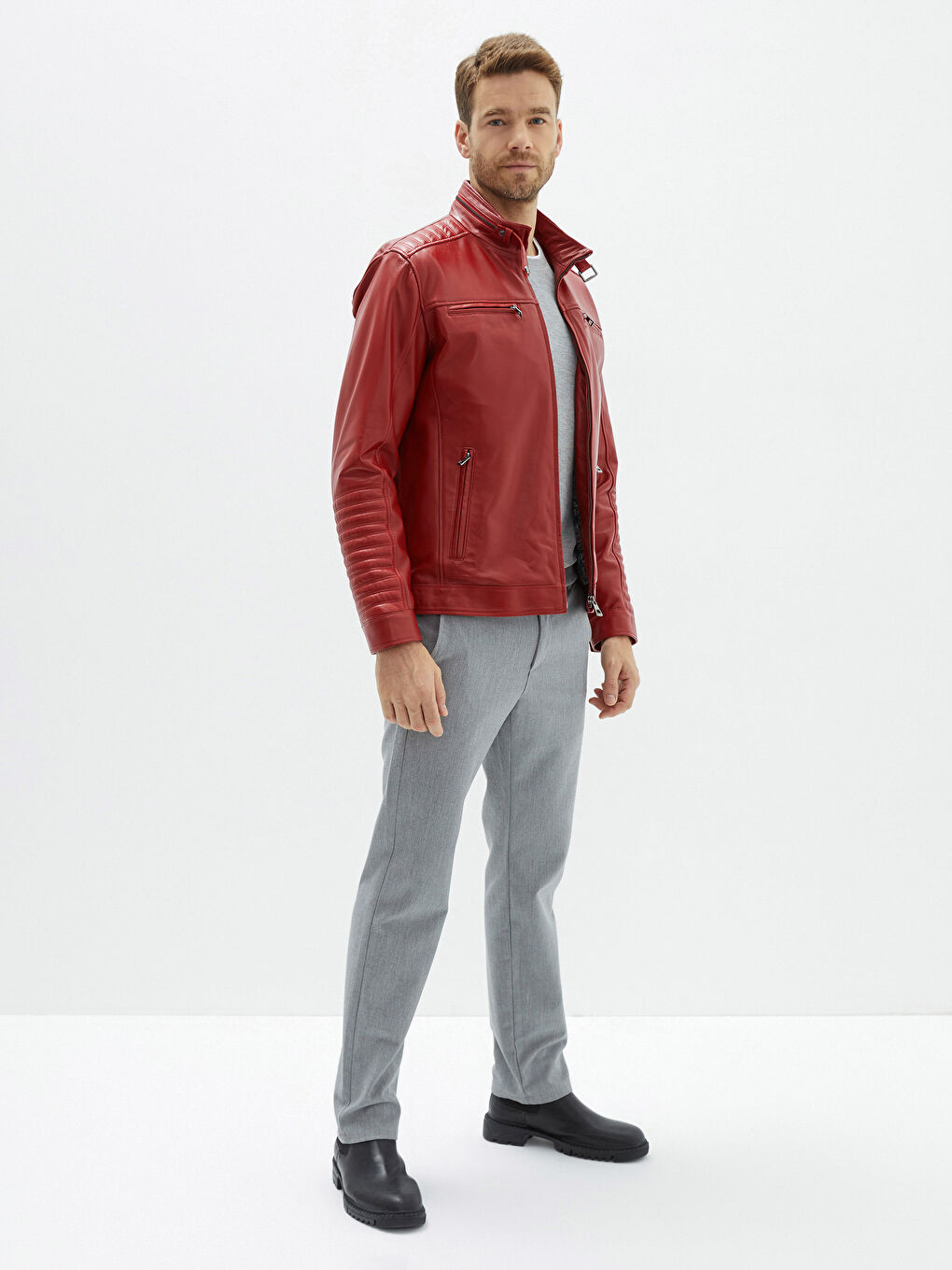 Kırmızı Standart Kalıp Biker Yaka Erkek Deri Mont-2