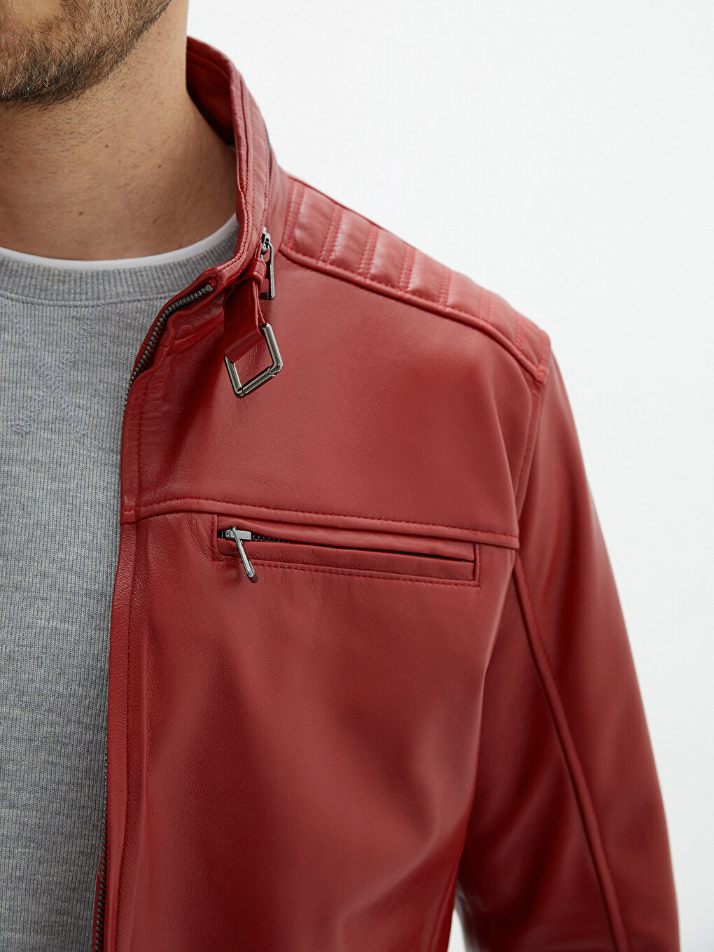 Kırmızı Standart Kalıp Biker Yaka Erkek Deri Mont-3