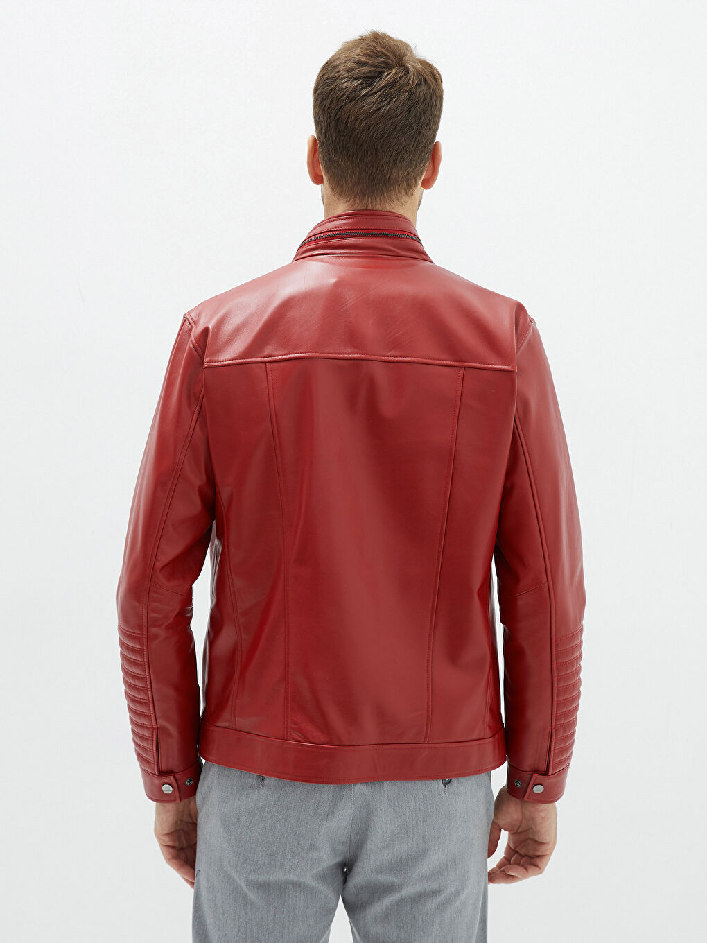 Kırmızı Standart Kalıp Biker Yaka Erkek Deri Mont-4