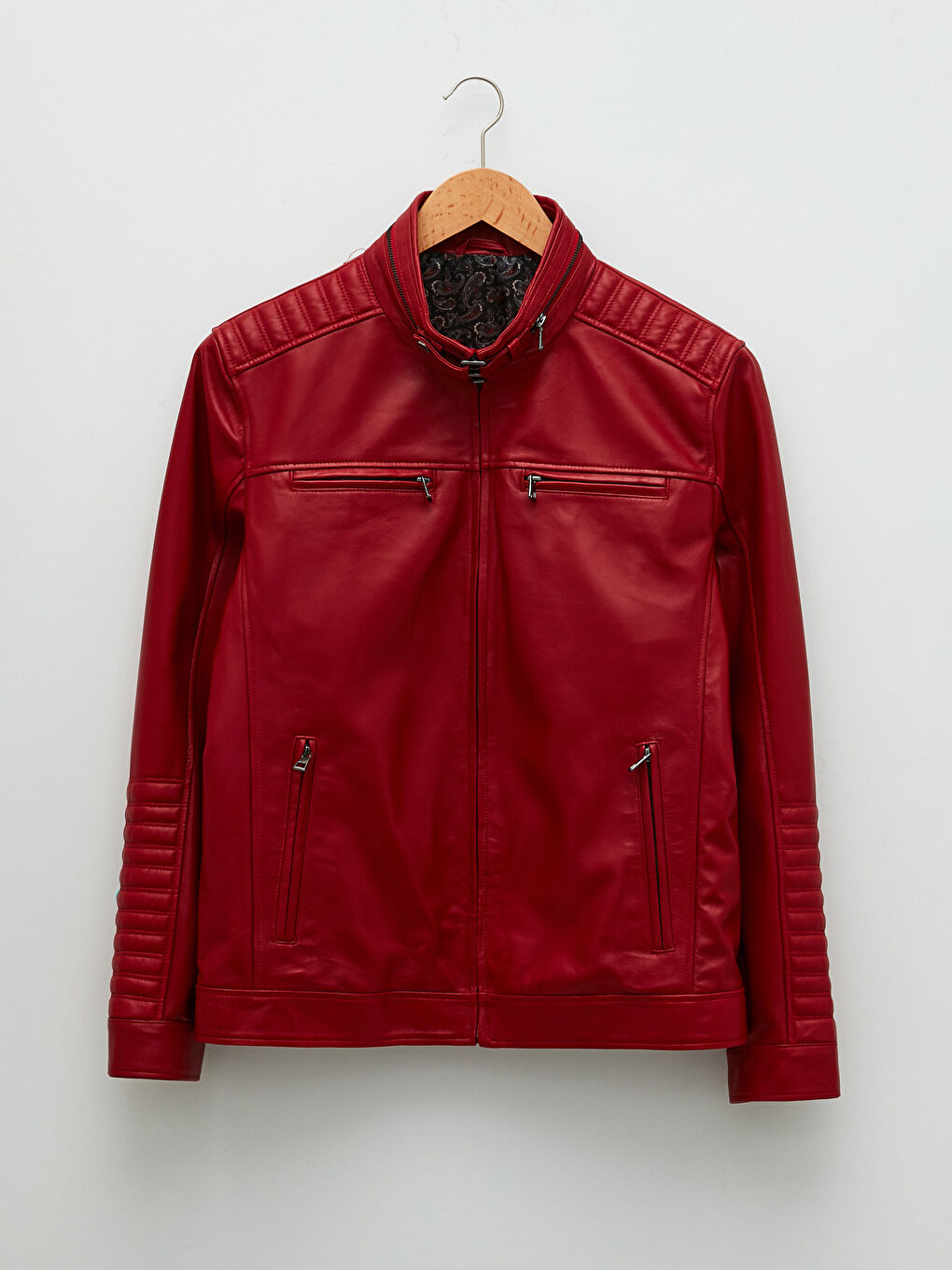 Kırmızı Standart Kalıp Biker Yaka Erkek Deri Mont-5