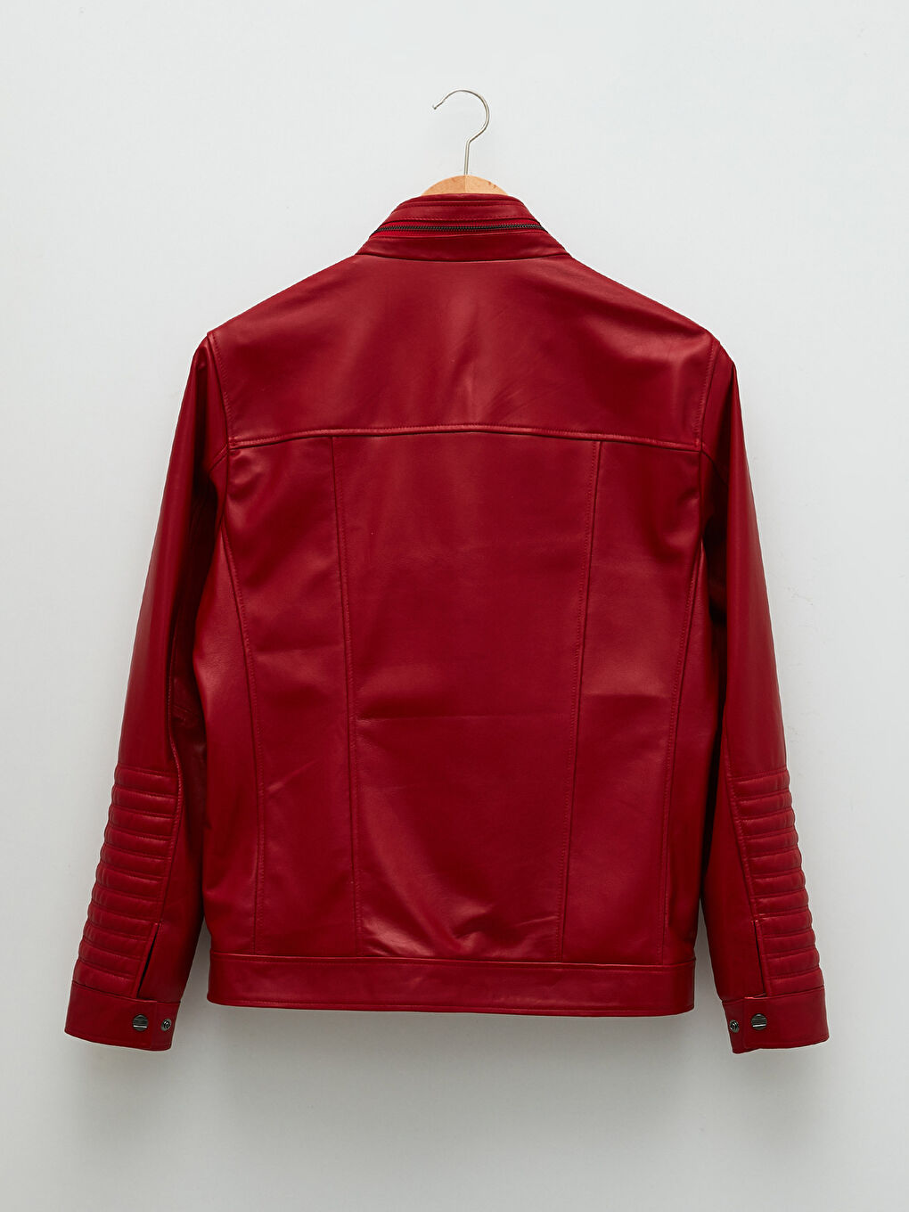 Kırmızı Standart Kalıp Biker Yaka Erkek Deri Mont-6