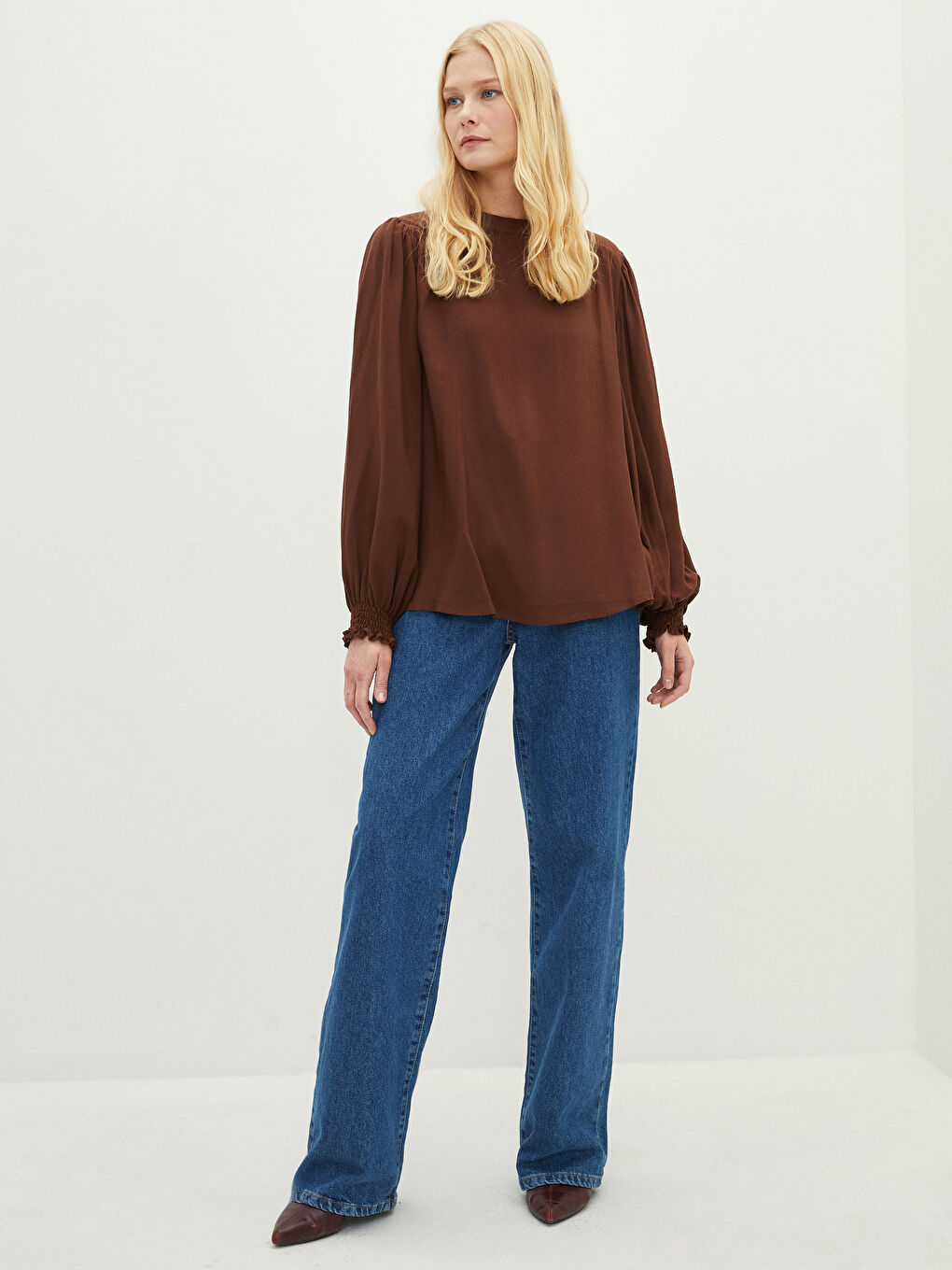 Kahverengi Hakim Yaka Düz Uzun Kollu Poplin Kadın Bluz-2