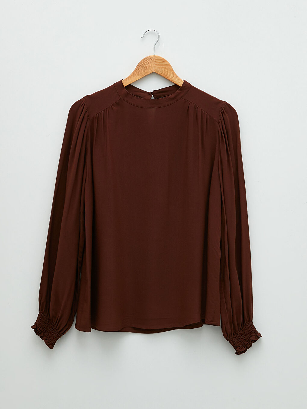 Kahverengi Hakim Yaka Düz Uzun Kollu Poplin Kadın Bluz-5