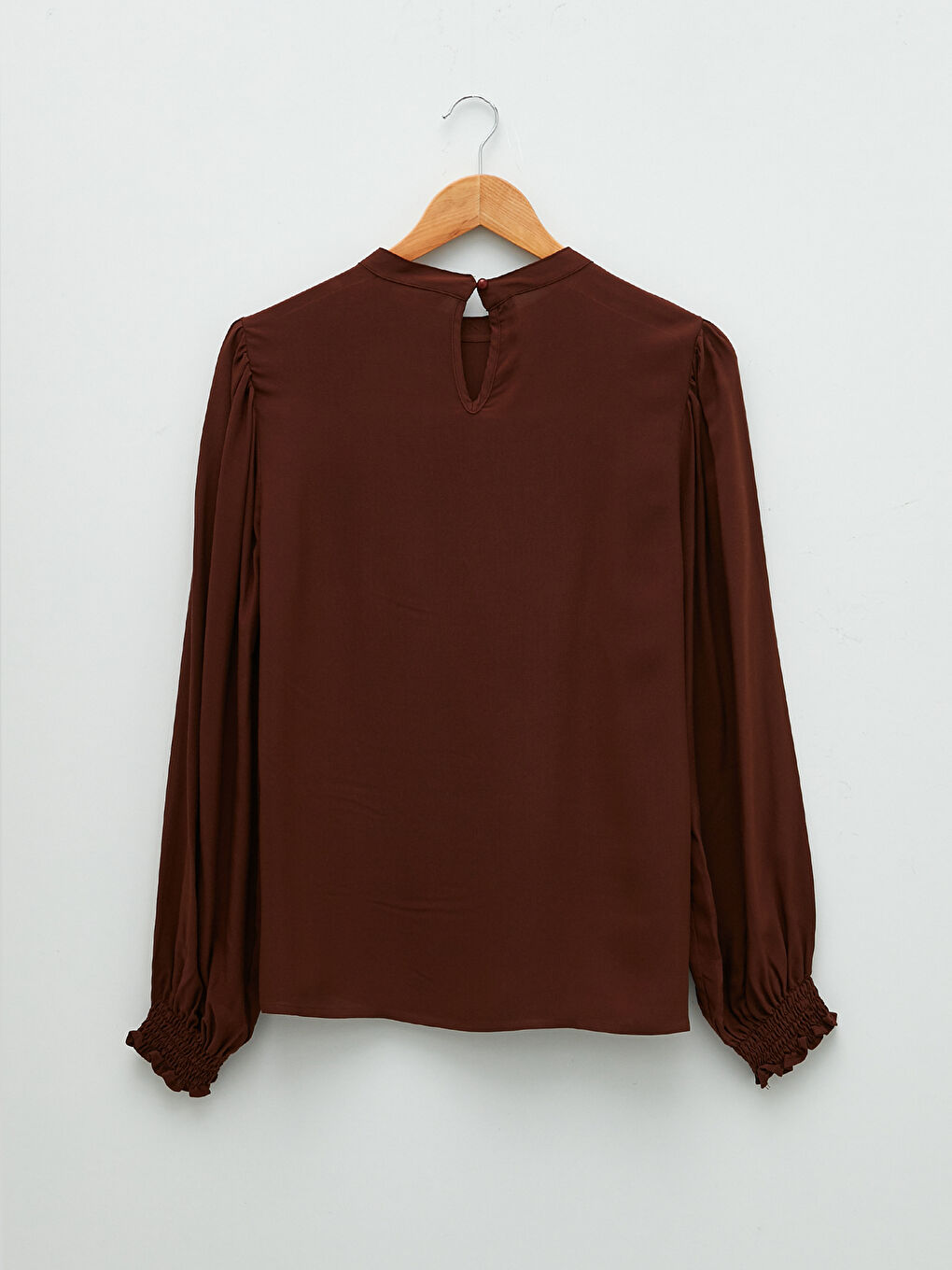 Kahverengi Hakim Yaka Düz Uzun Kollu Poplin Kadın Bluz-6