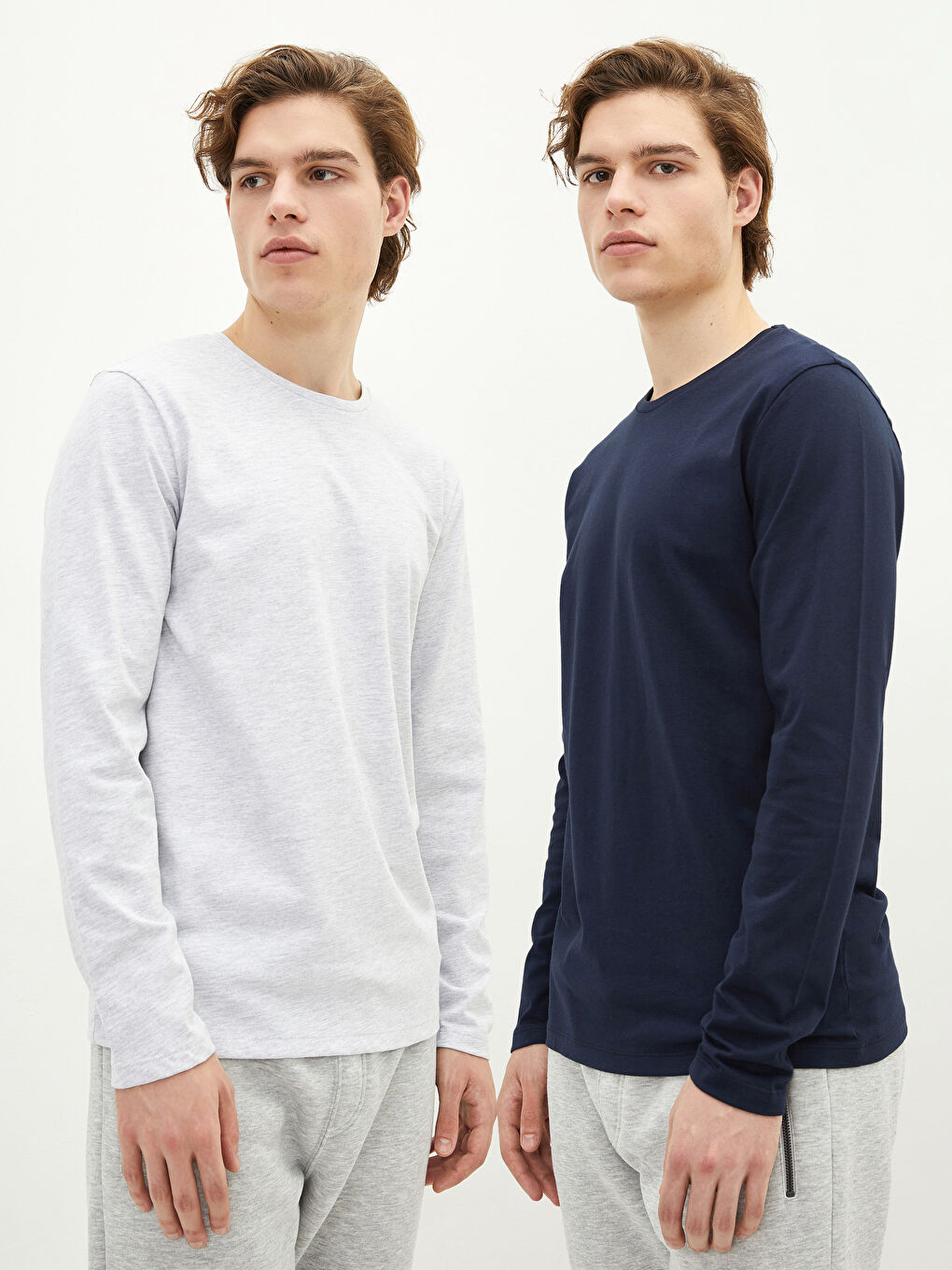 Lacivert Bisiklet Yaka Uzun Kollu Penye Erkek Tişört 2'li