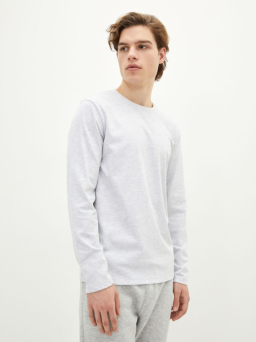 Lacivert Bisiklet Yaka Uzun Kollu Penye Erkek Tişört 2'li-1