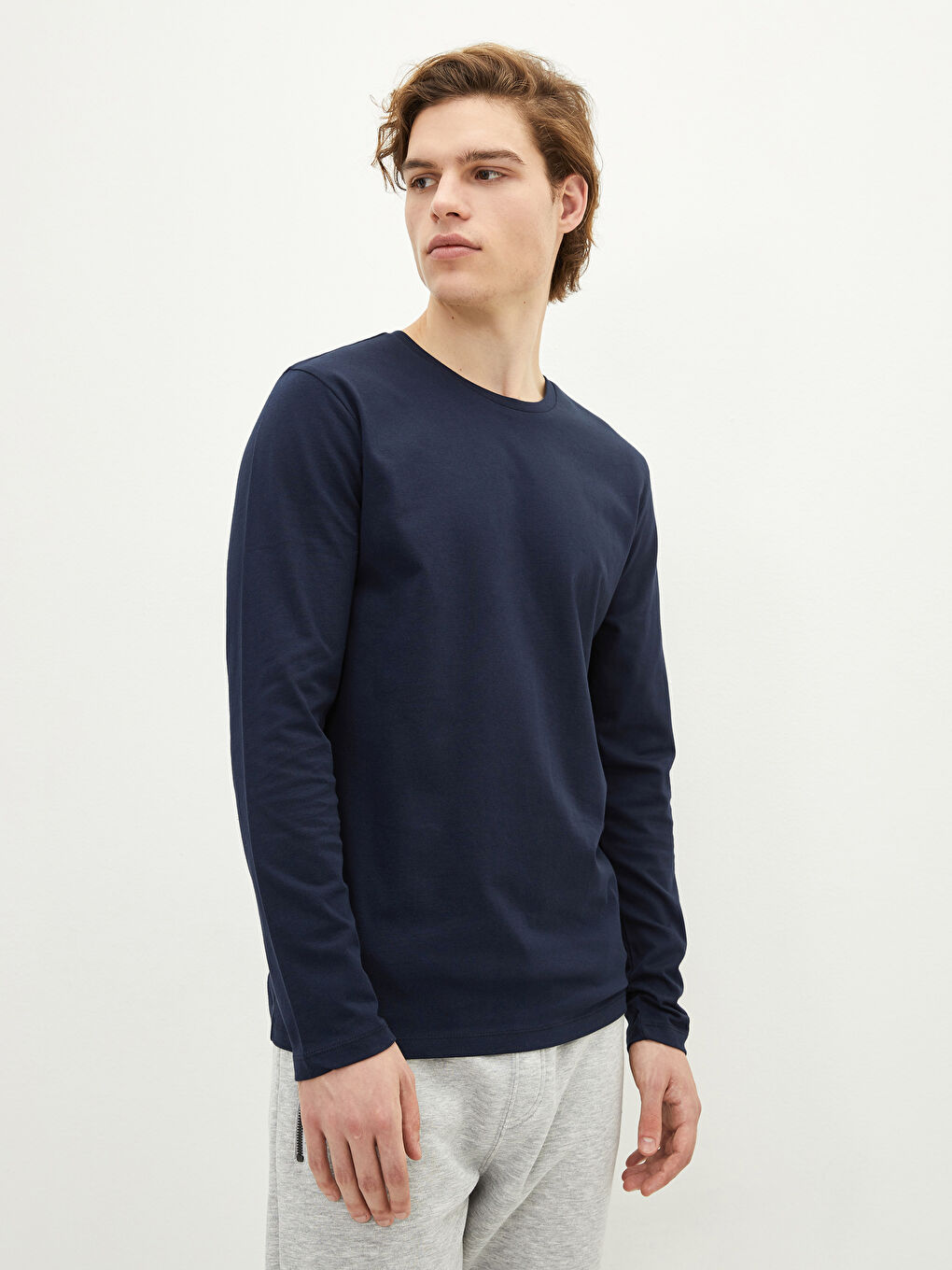 Lacivert Bisiklet Yaka Uzun Kollu Penye Erkek Tişört 2'li-5