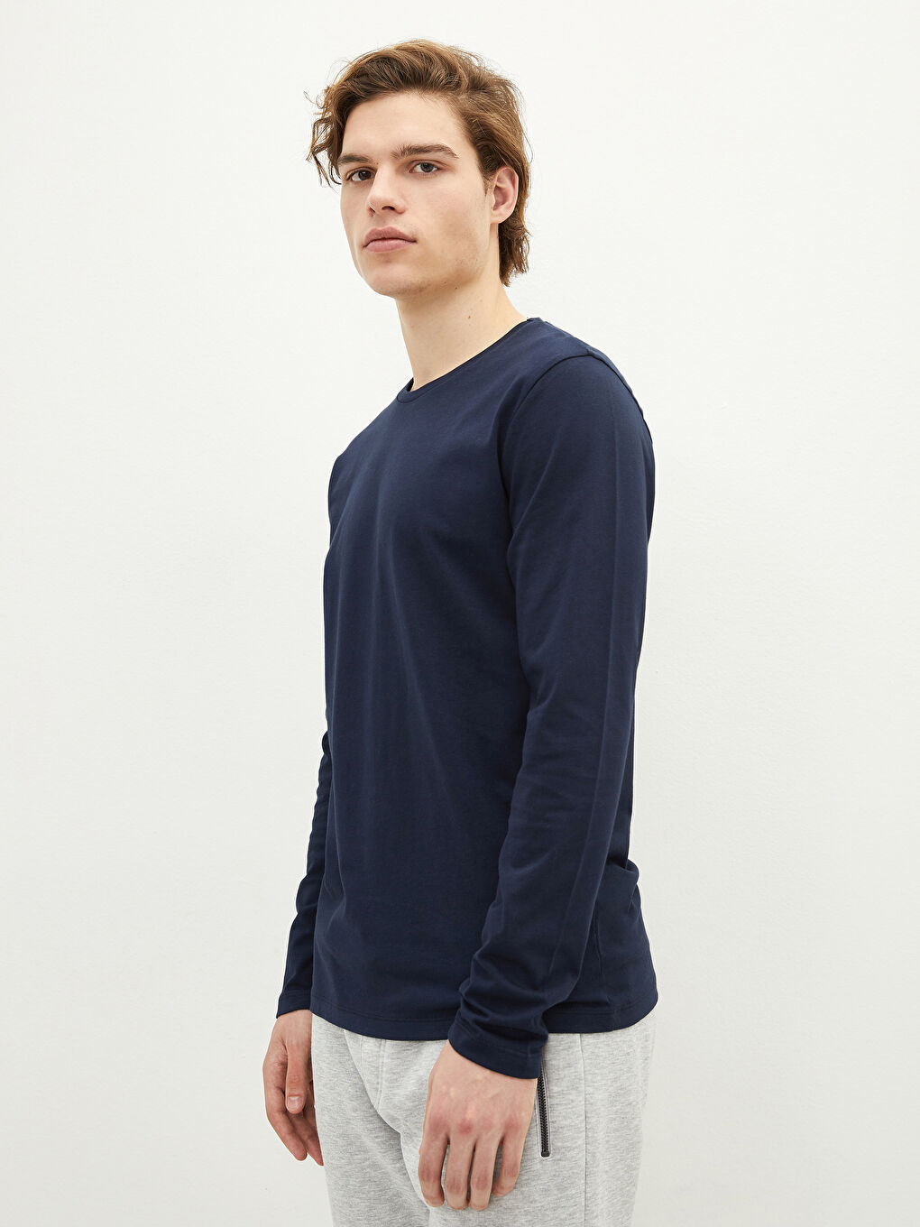 Lacivert Bisiklet Yaka Uzun Kollu Penye Erkek Tişört 2'li-6