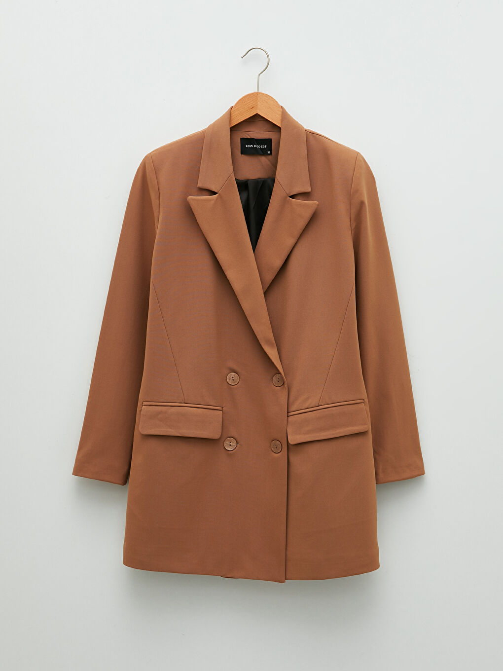 Bej Önden Düğme Kapamalı Düz Uzun Kollu Dobby Kumaş Kadın Ceket-5