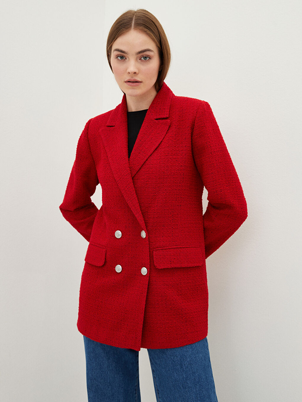 Buttoned Regular Long Sleeve Tweed Fabric Women's Jacket-1